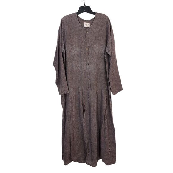 Flax by Angelheart Women's Vintage Drop Waist 100% Linen Stripe Maxi Dress - L - Picture 1 of 7